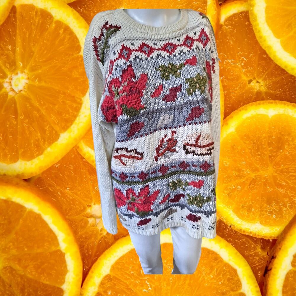 VTG New Concepts‎ White Knit Sweater with Design Size Medium